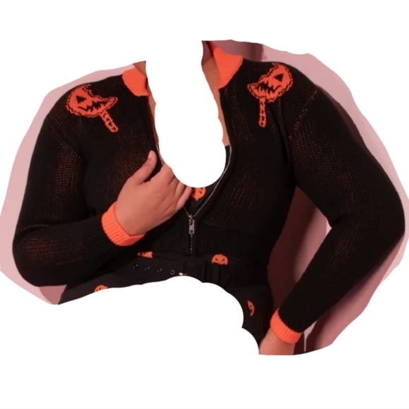 TRICK R TREAT™ Flaming Pumpkin Cropped Knit Jacket - Picture 1 of 6